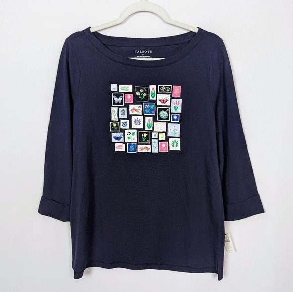 New TALBOTS sz. M Cotton Postage Stamp Novelty Tee Travel Comfy Casual Top Shirt - Picture 3 of 8